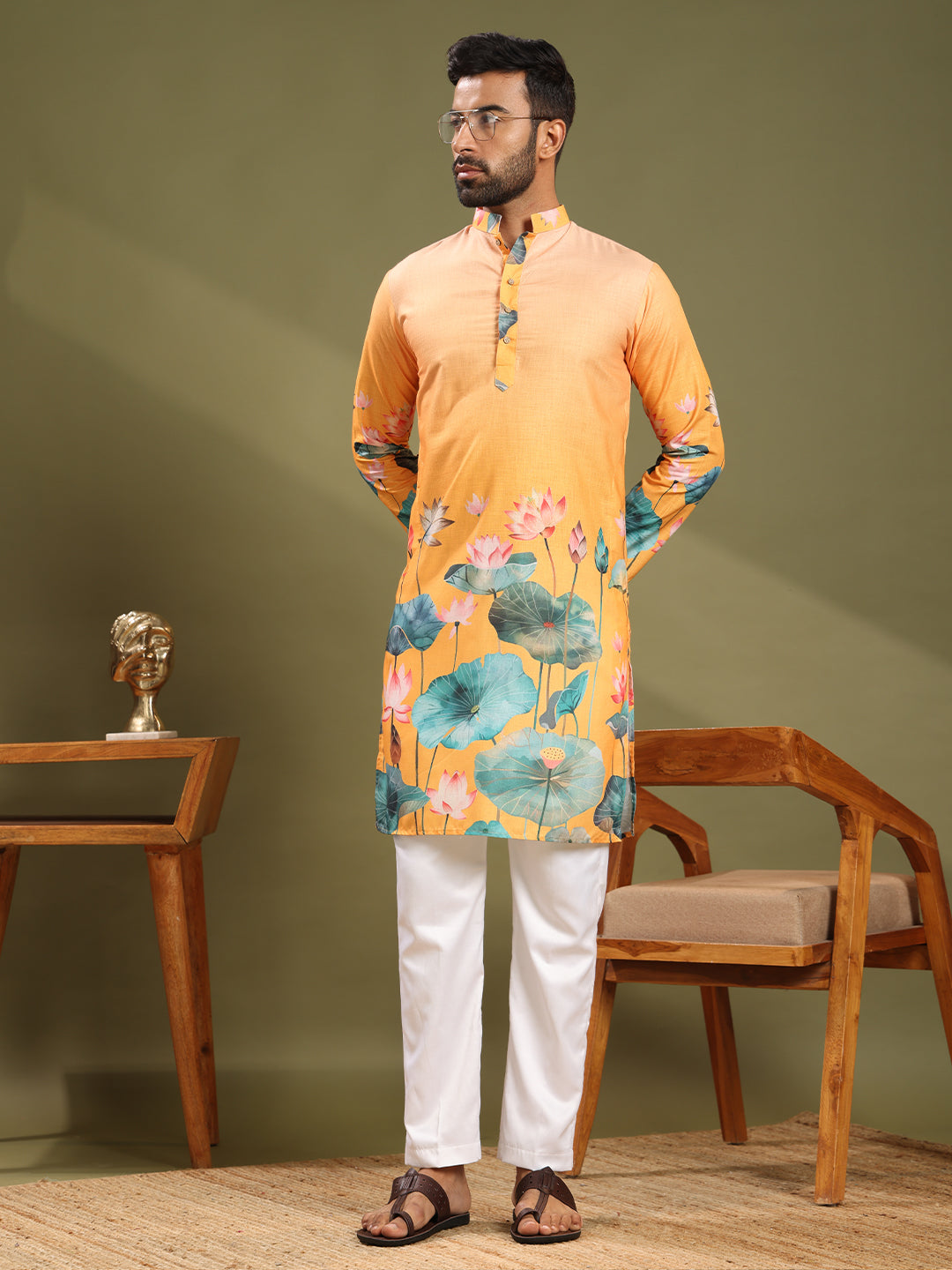 Golden Bloom Premium Linen Print Kurta