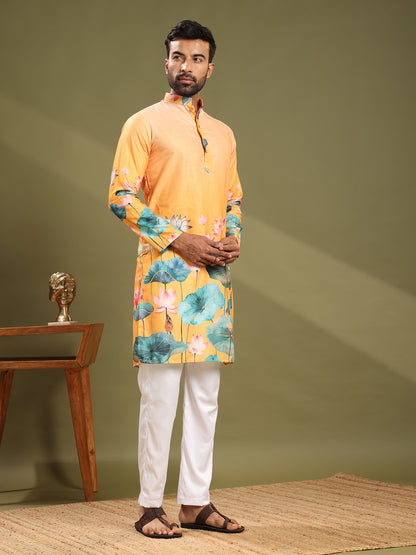 Golden Bloom Premium Linen Print Kurta