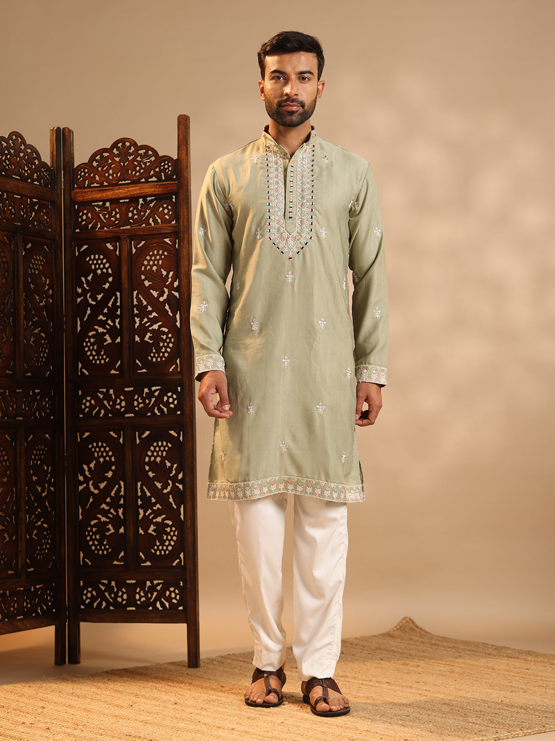 Olive Green Real Mirror Work  Kurta Set