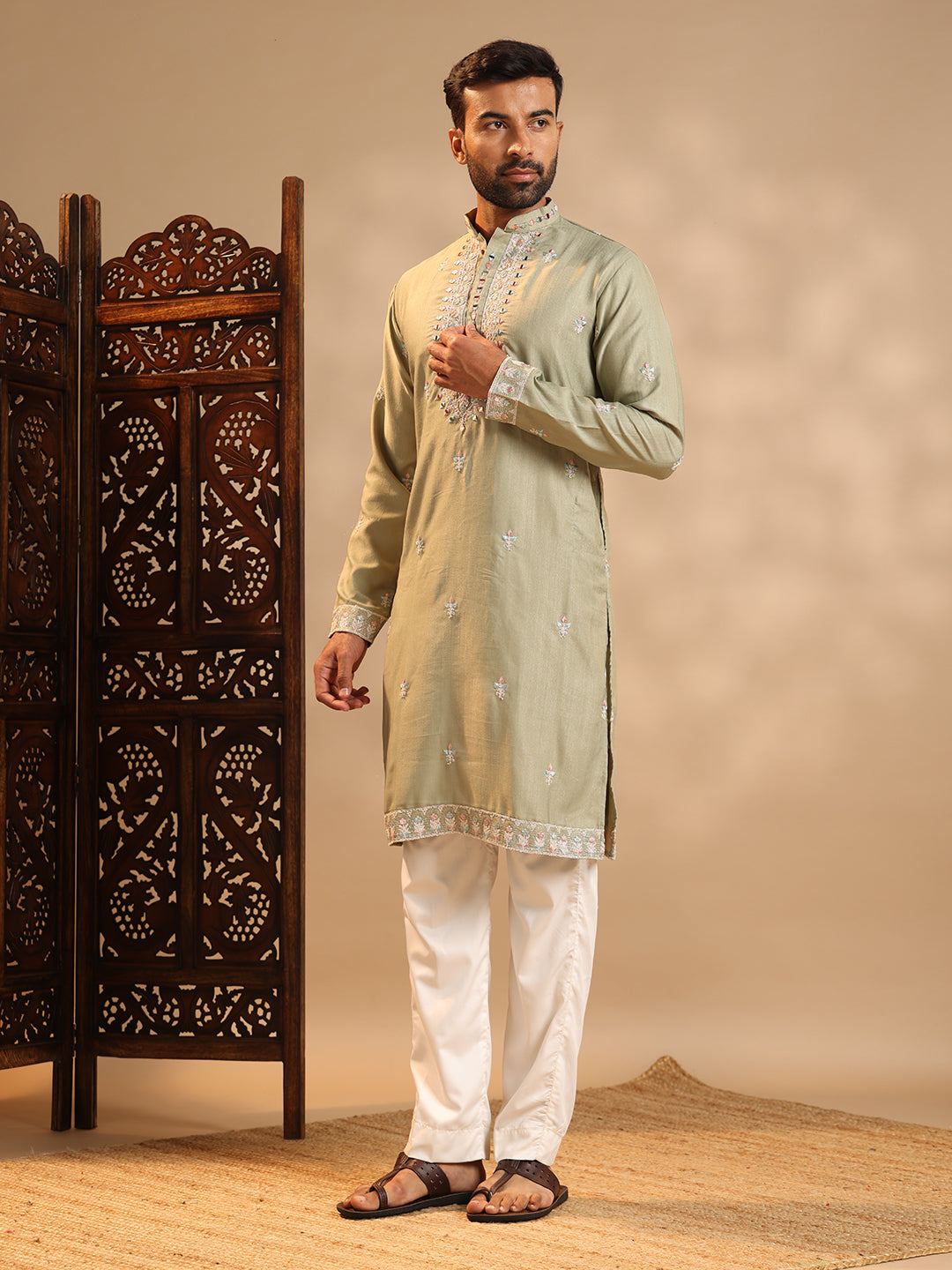 Olive Green Real Mirror Work  Kurta Set