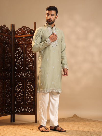 Olive Green Real Mirror Work  Kurta Set