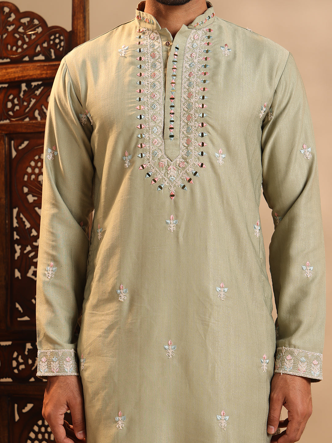 Olive Green Real Mirror Work  Kurta Set