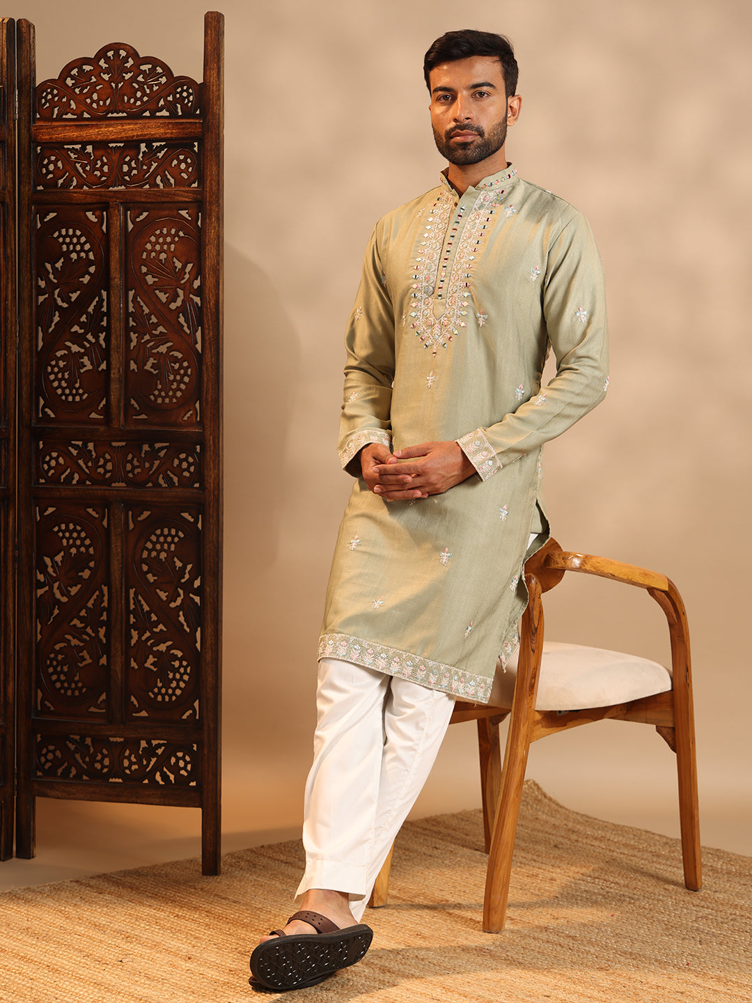 Olive Green Real Mirror Work  Kurta Set