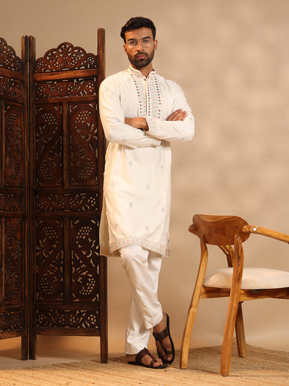 White Real Mirror Work Kurta Set