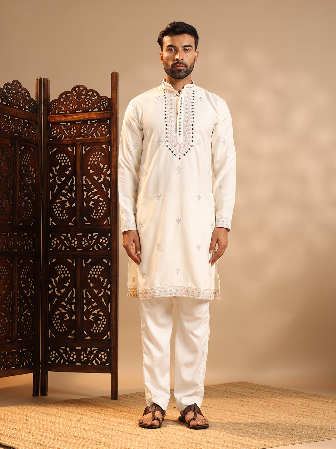 White Real Mirror Work Kurta Set