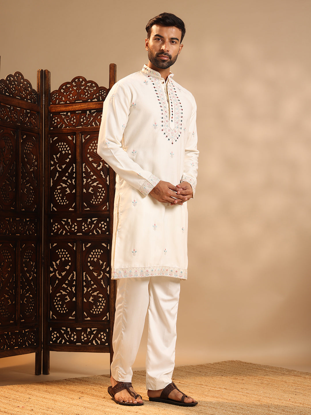 White Real Mirror Work Kurta Set