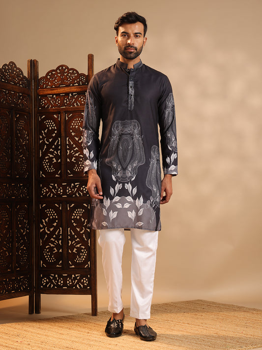 Black Premium Linen Printed Kurta