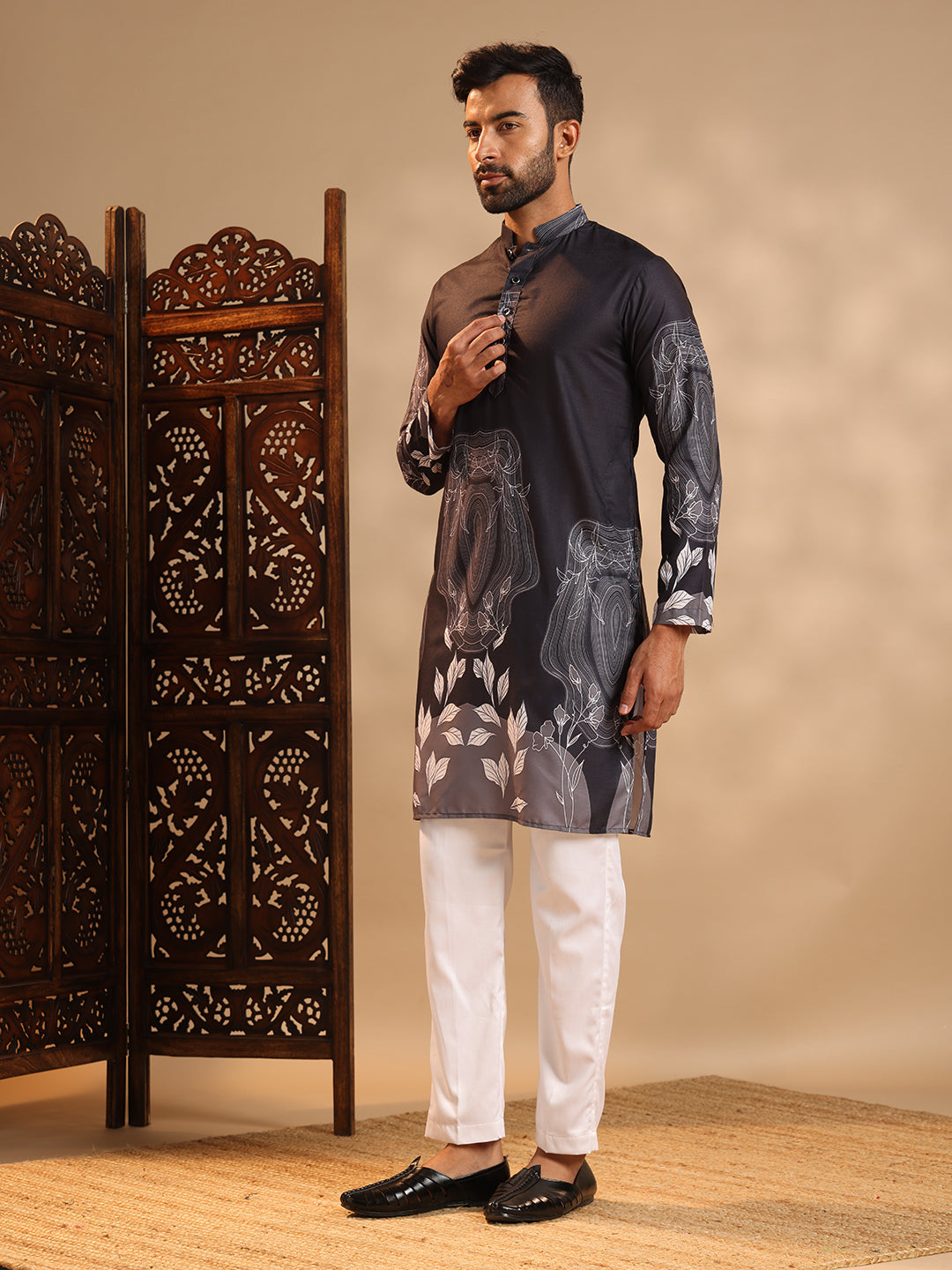 Black Premium Linen Printed Kurta