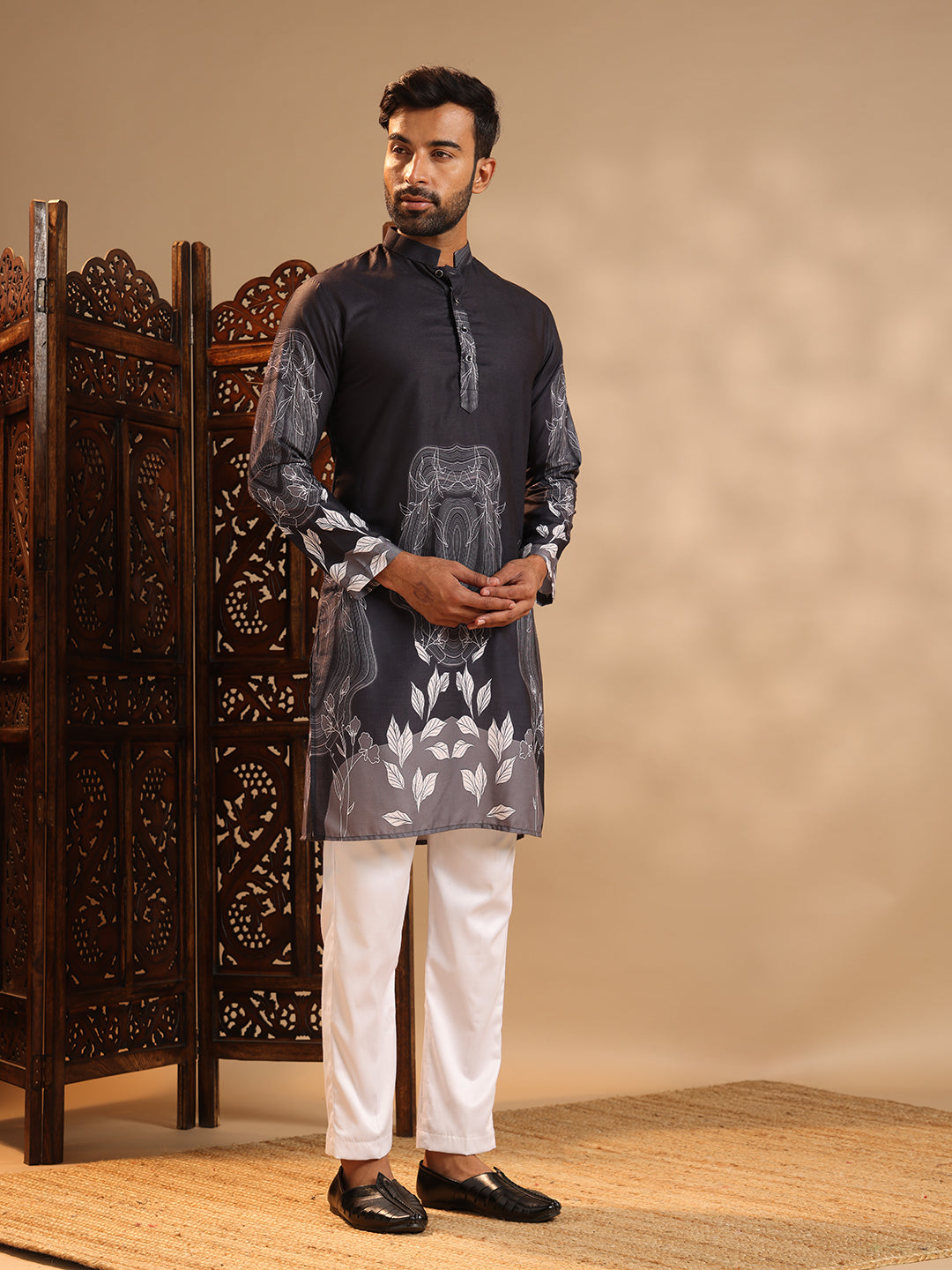 Black Premium Linen Printed Kurta