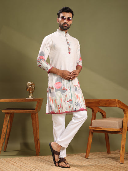 Cream Premium Linen Printed Kurta