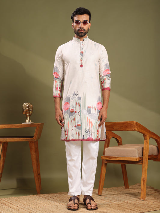 Cream Premium Linen Printed Kurta