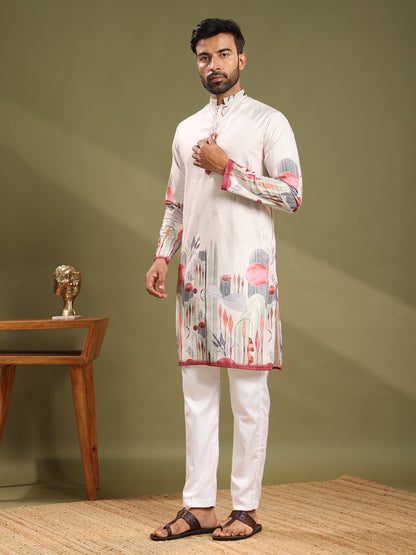 Cream Premium Linen Printed Kurta