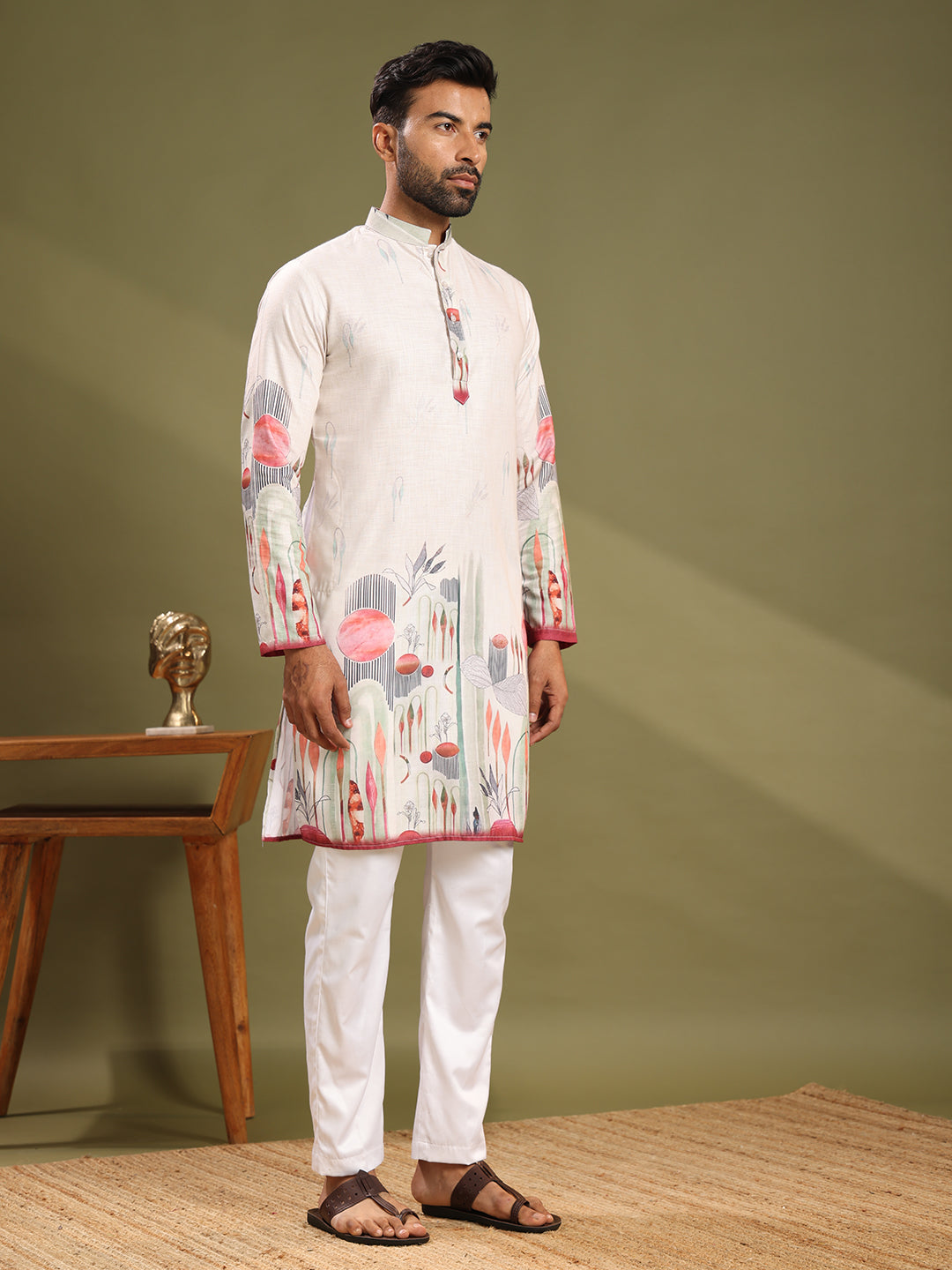 Cream Premium Linen Printed Kurta