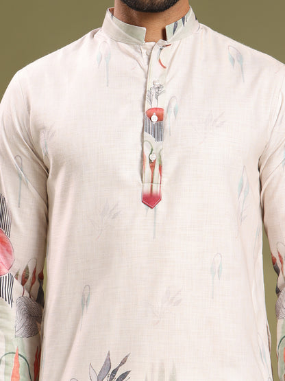 Cream Premium Linen Printed Kurta