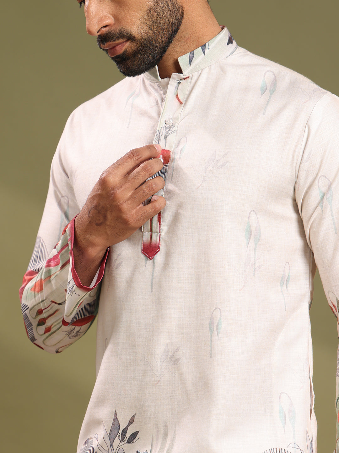 Cream Premium Linen Printed Kurta