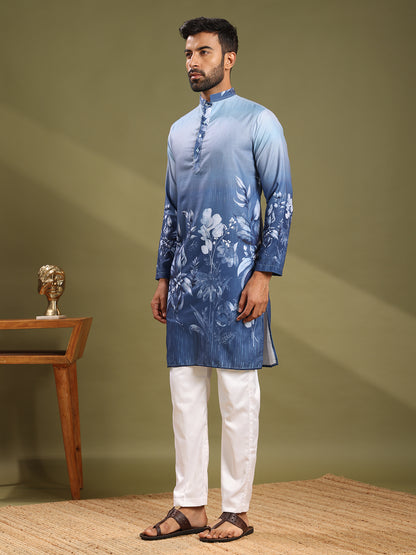 Rich Blue Premium Linen Printed Kurta