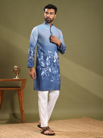 Rich Blue Premium Linen Printed Kurta