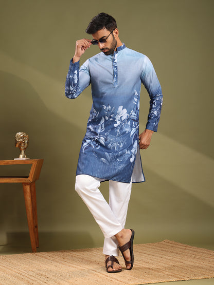 Rich Blue Premium Linen Printed Kurta