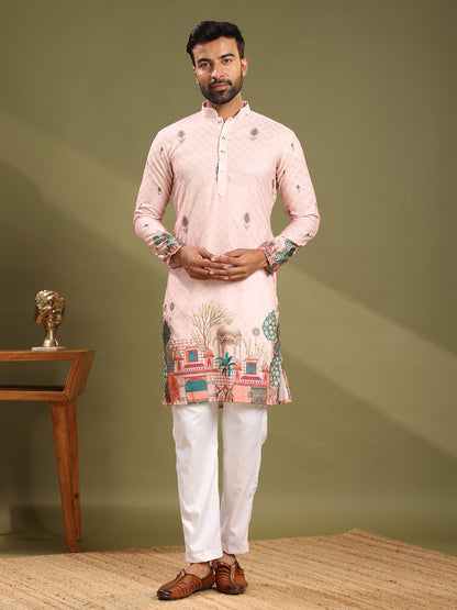 Soft Pink Printed With Embroidery Kurta