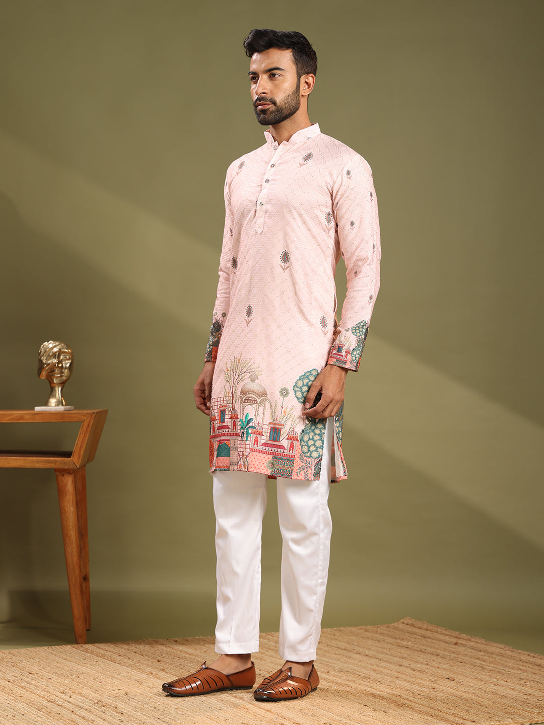 Soft Pink Printed With Embroidery Kurta