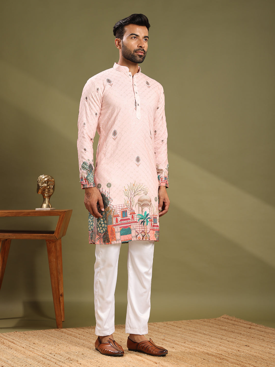 Soft Pink Printed With Embroidery Kurta