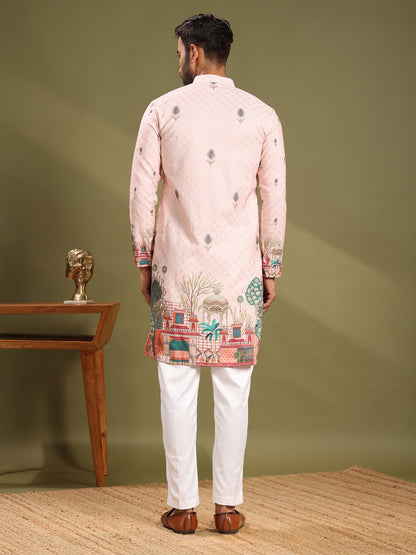 Soft Pink Printed With Embroidery Kurta