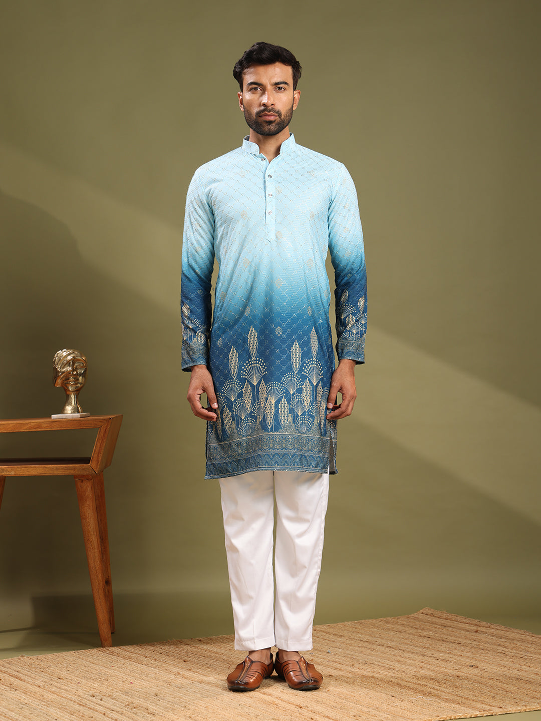 Shaded Blue Printed Plus Embroidered Kurta