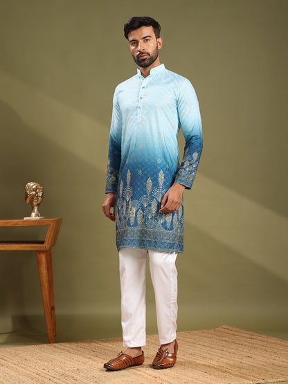 Shaded Blue Printed Plus Embroidered Kurta