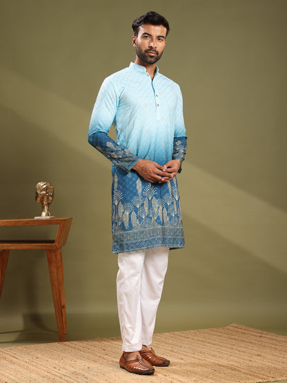 Shaded Blue Printed Plus Embroidered Kurta