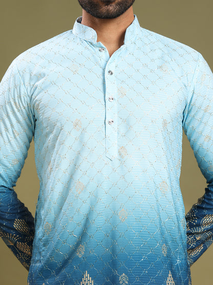 Shaded Blue Printed Plus Embroidered Kurta