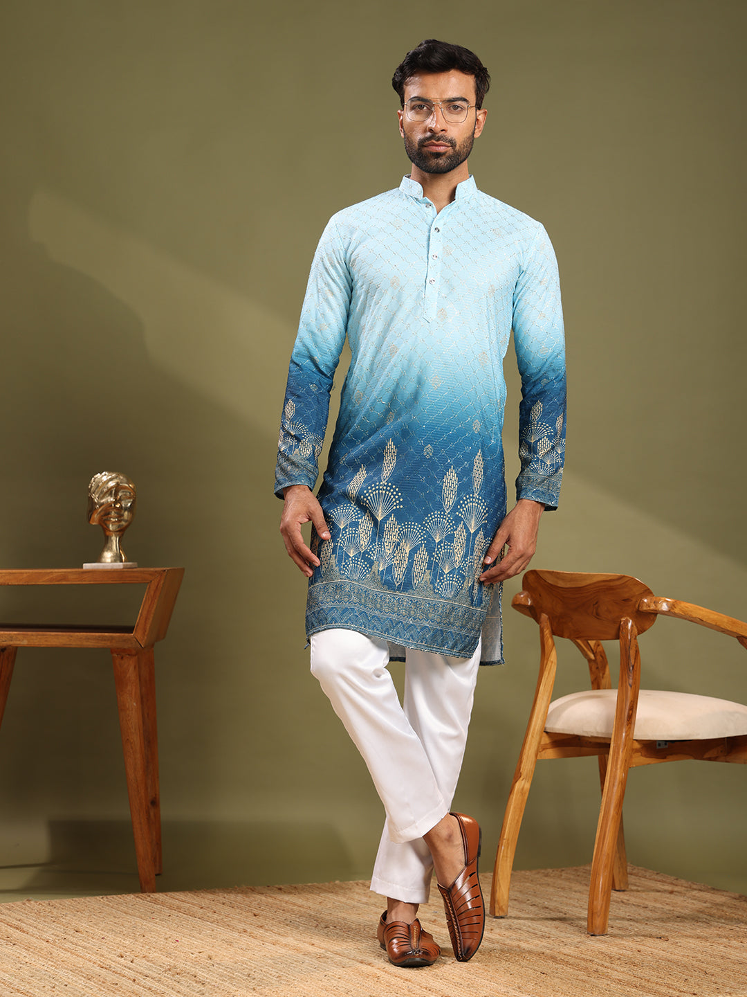 Shaded Blue Printed Plus Embroidered Kurta