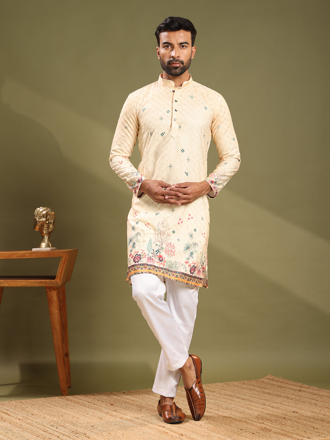 Lime Yellow Embroidered Printed Kurta