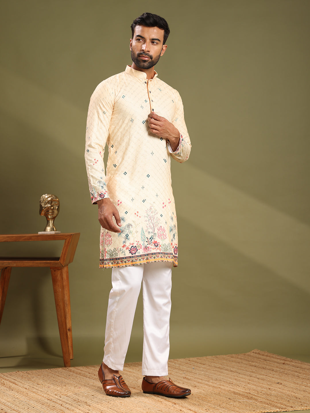 Lime Yellow Embroidered Printed Kurta