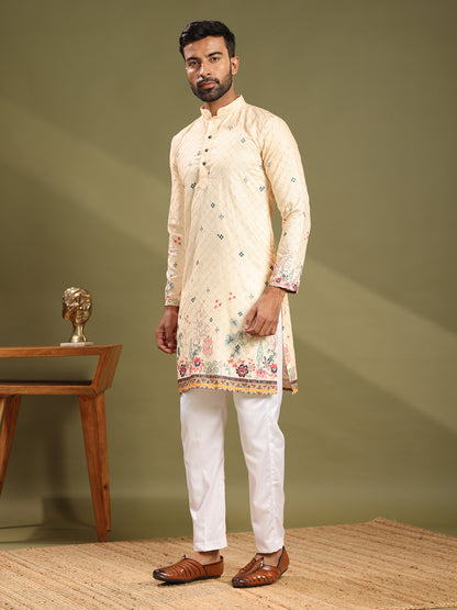 Lime Yellow Embroidered Printed Kurta