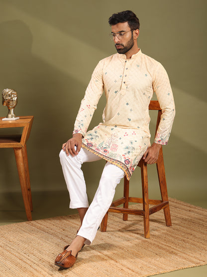 Lime Yellow Embroidered Printed Kurta