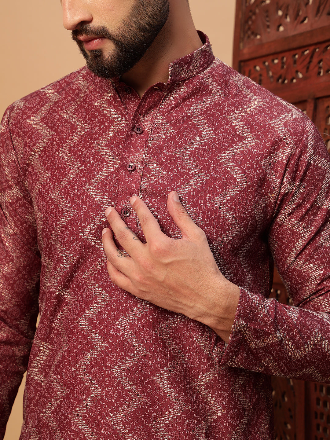 Rustic Red Bandhani Embroided Print Kurta