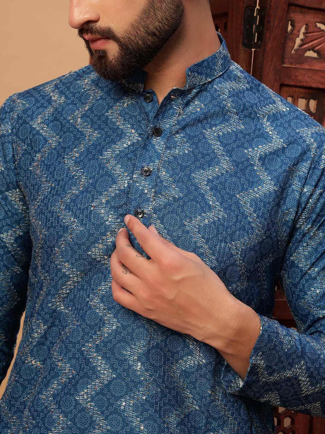 Deep Blue Bandhani Embroided Print Kurta
