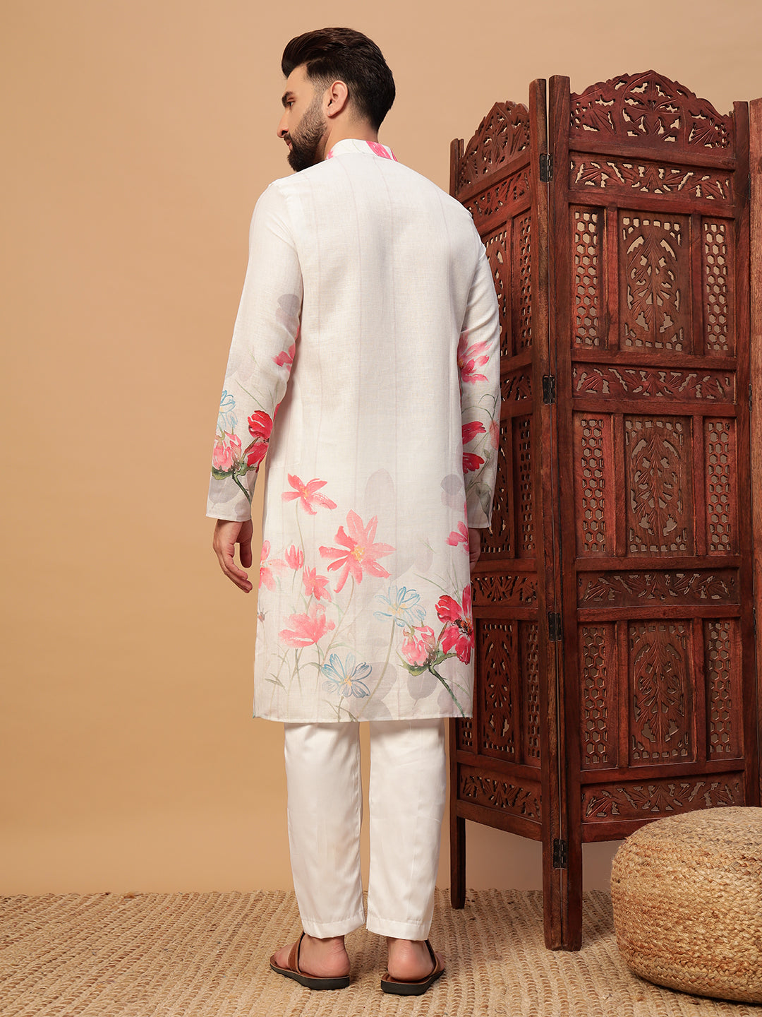 White Floral Print Linen Kurta