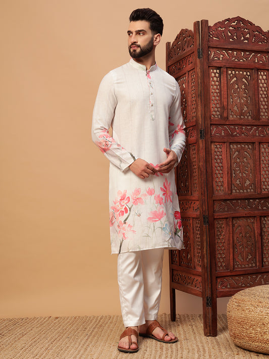 White Floral Print Linen Kurta