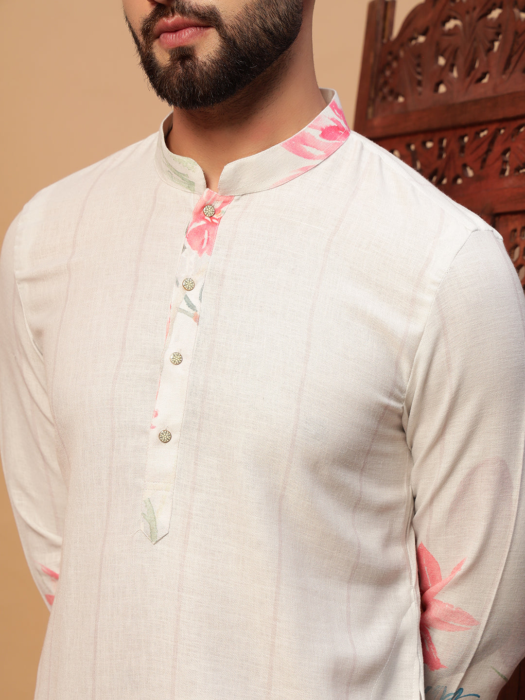 White Floral Print Linen Kurta