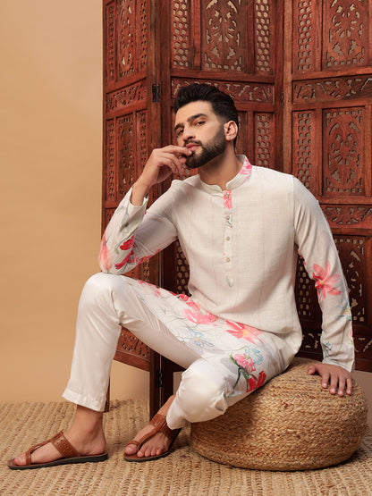 White Floral Print Linen Kurta