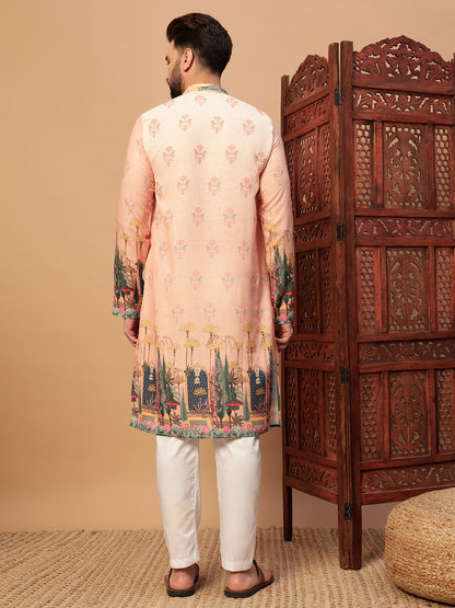 Peach Digital Print Linen Kurta Set