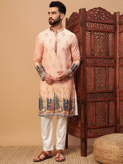 Peach Digital Print Linen Kurta Set