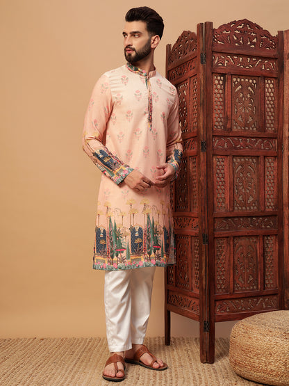 Peach Digital Print Linen Kurta Set