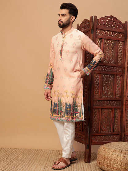 Peach Digital Print Linen Kurta Set