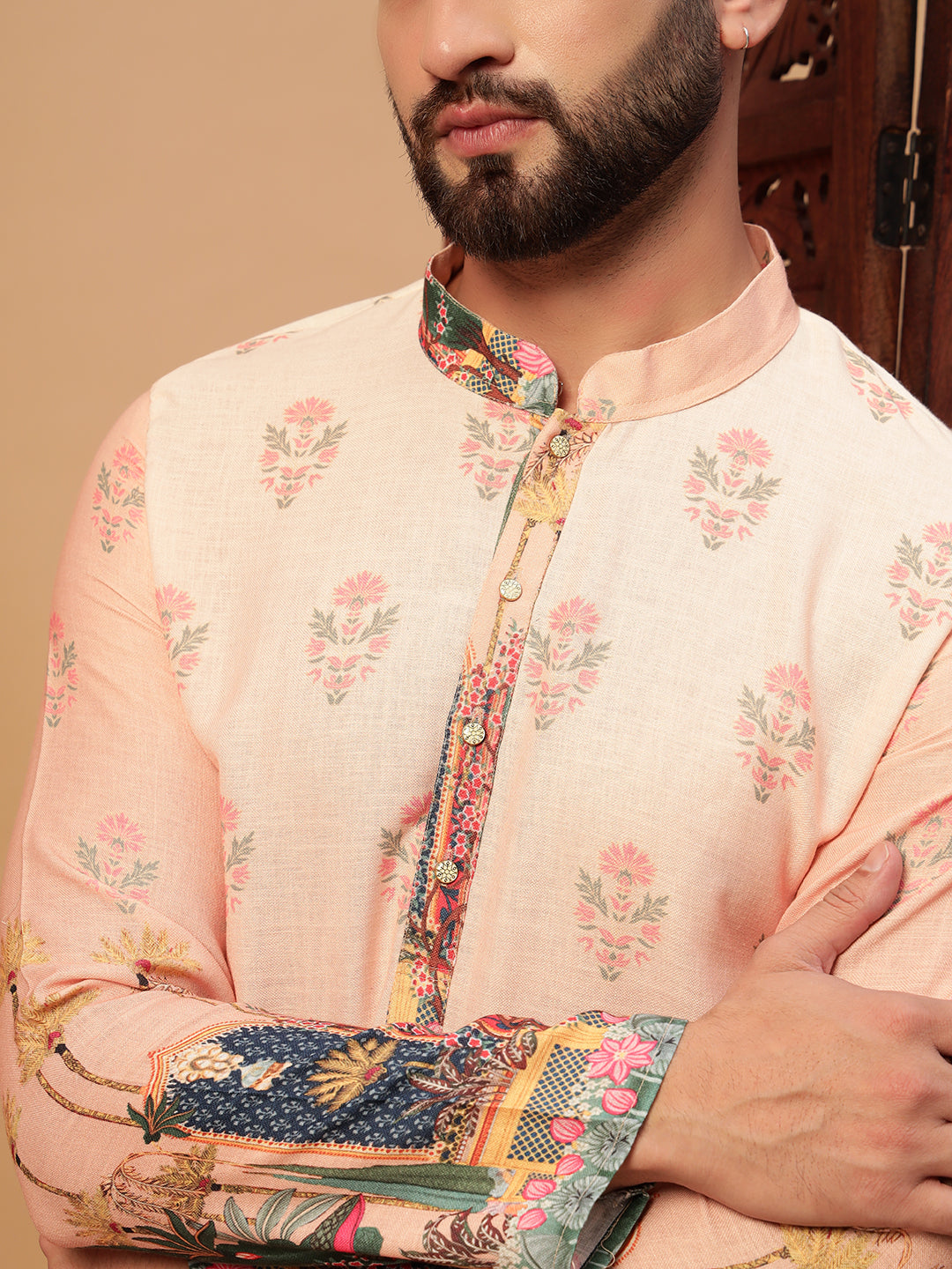 Peach Digital Print Linen Kurta Set