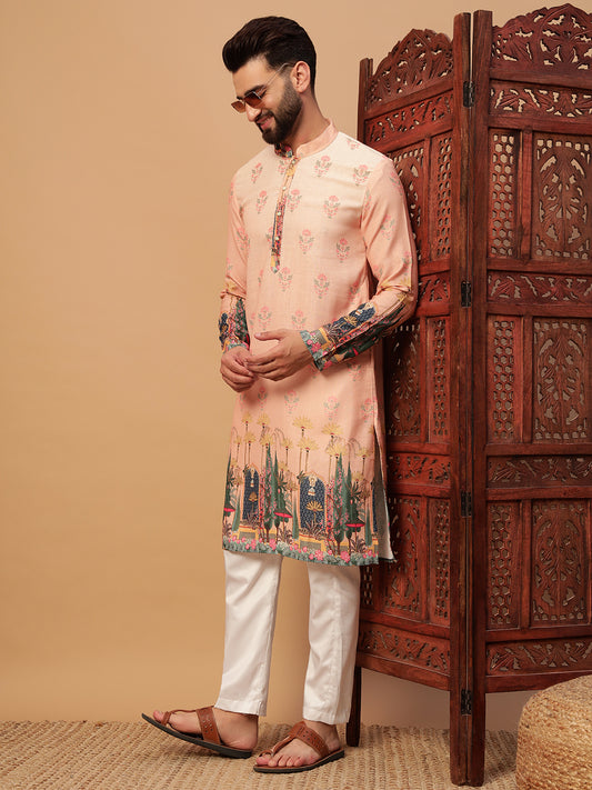 Peach Digital Print Linen Kurta Set