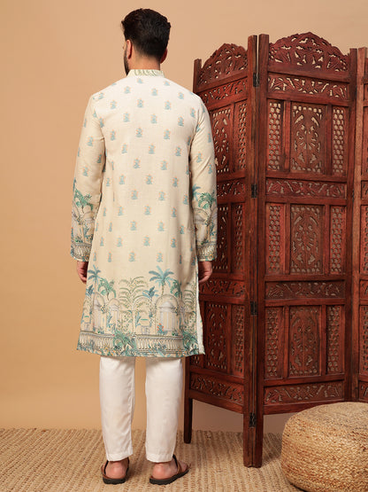 Cream Digital Print Linen Kurta Set