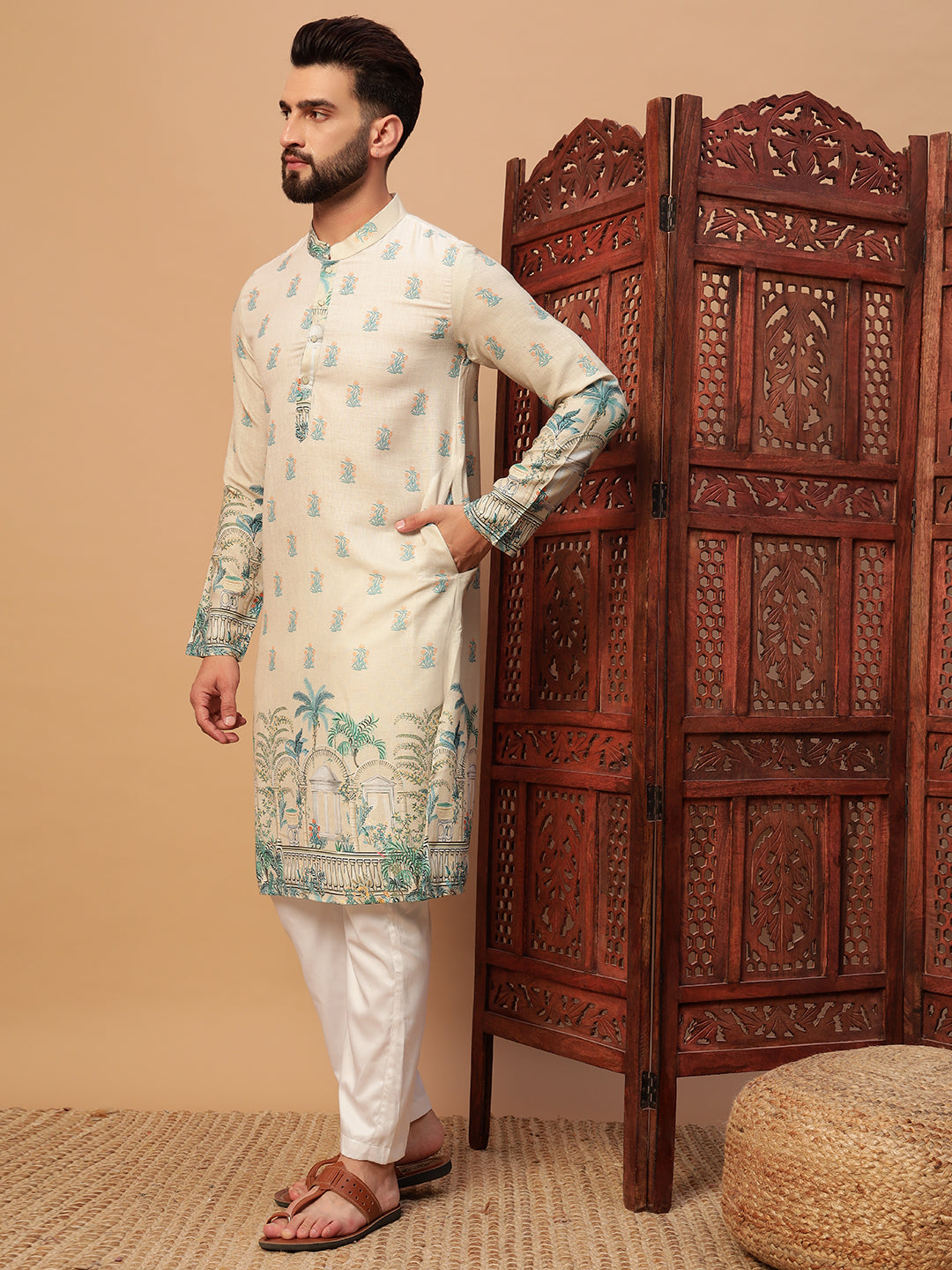 Cream Digital Print Linen Kurta Set