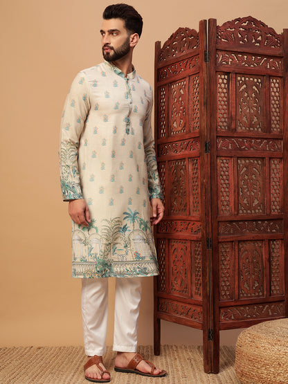 Cream Digital Print Linen Kurta Set